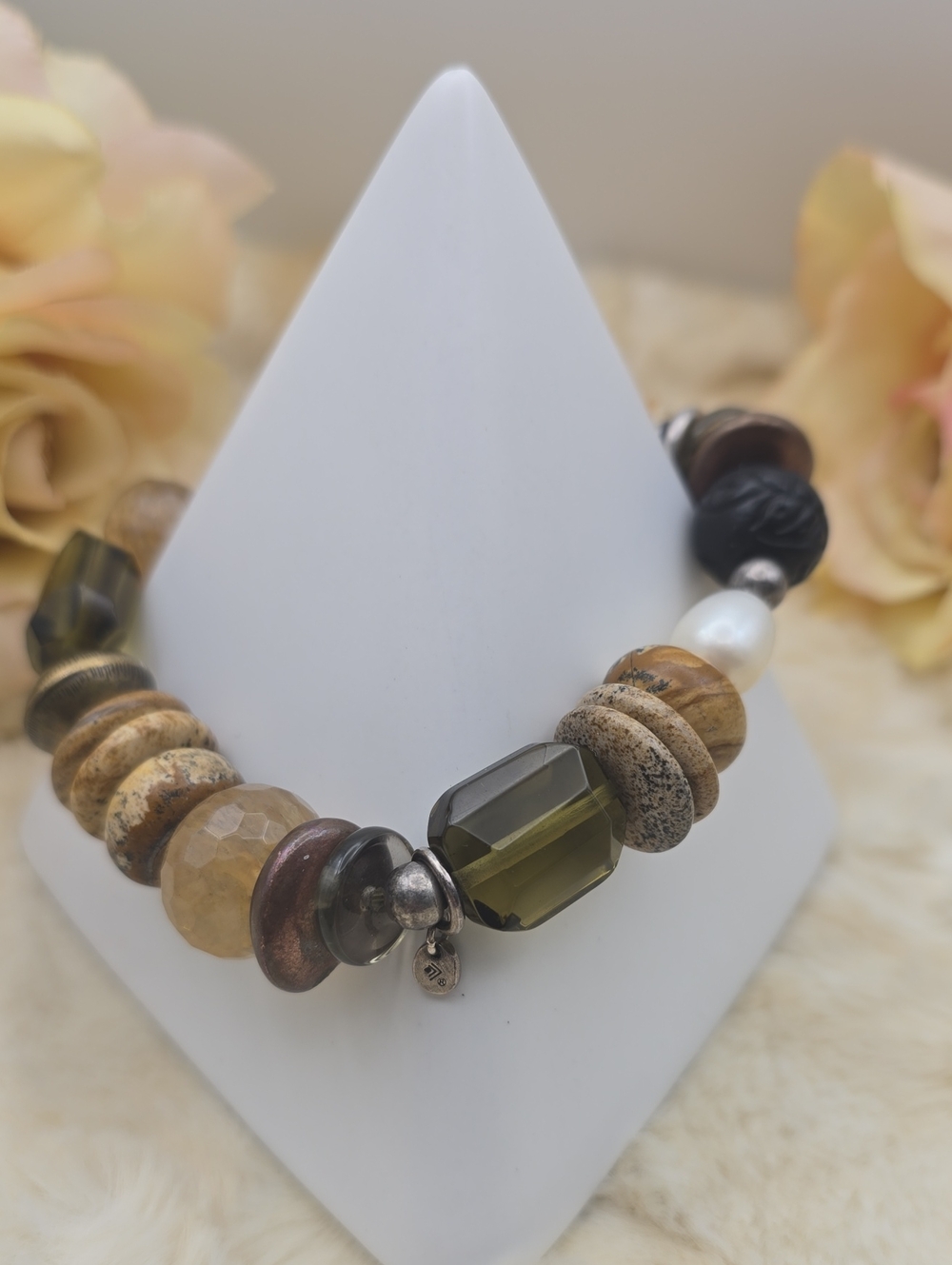 Silpada Retired B2089 Mixed Material Stretch Bracelet Jasper Pearl Sterling
